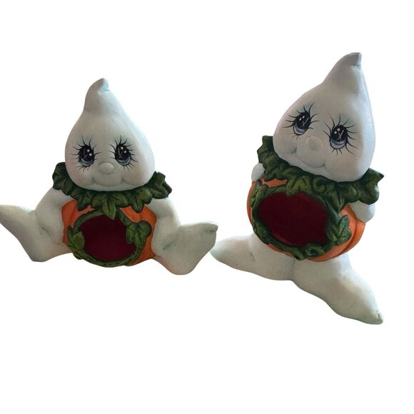 Ceramic Ghostly Pumpkins Hand Painted Halloween Figurine Shelf Sitters Set Of 2 - Picture 4 of 11